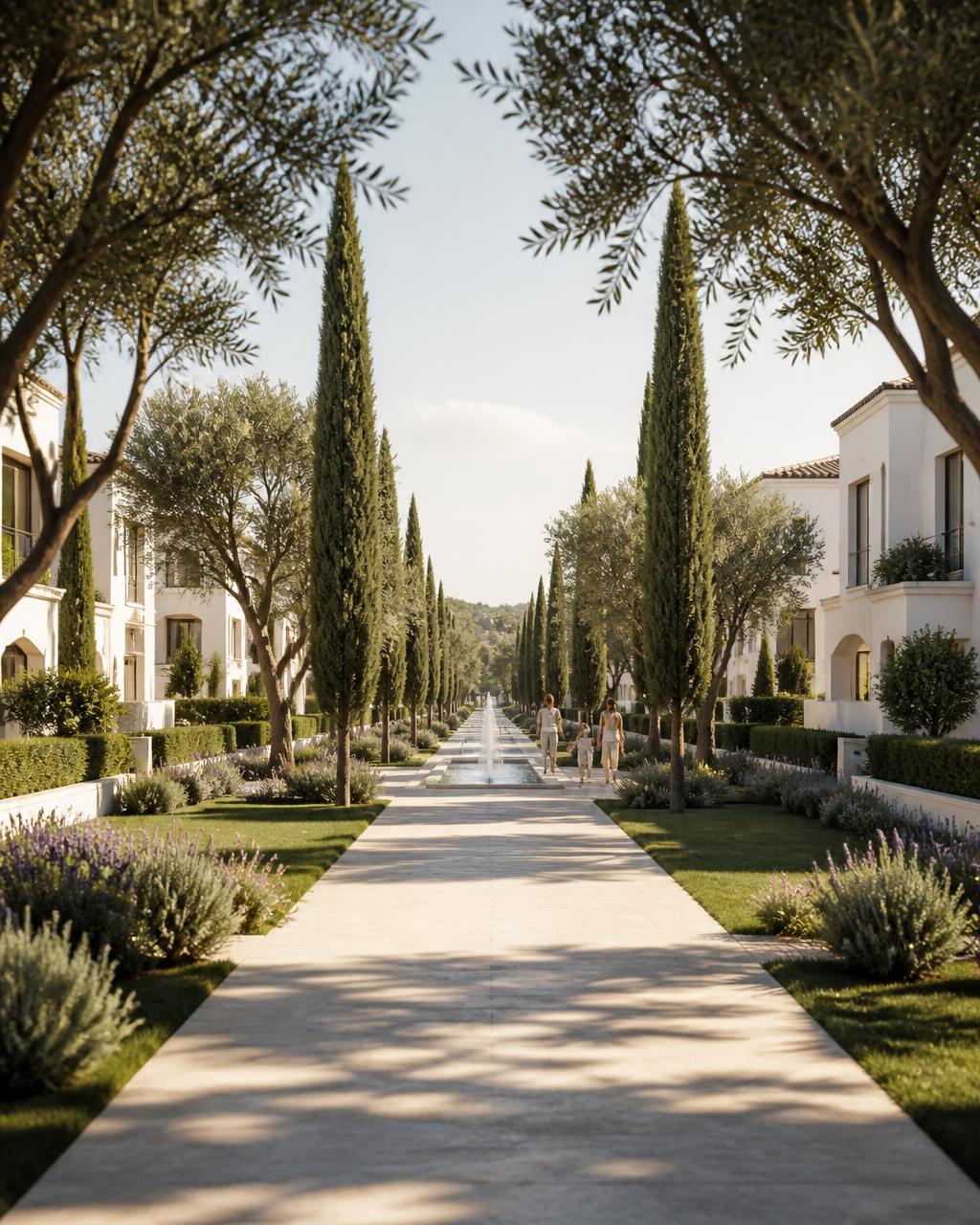 The Signature Central Park — dancing fountains, flower gardens and lawns framed by cypress trees