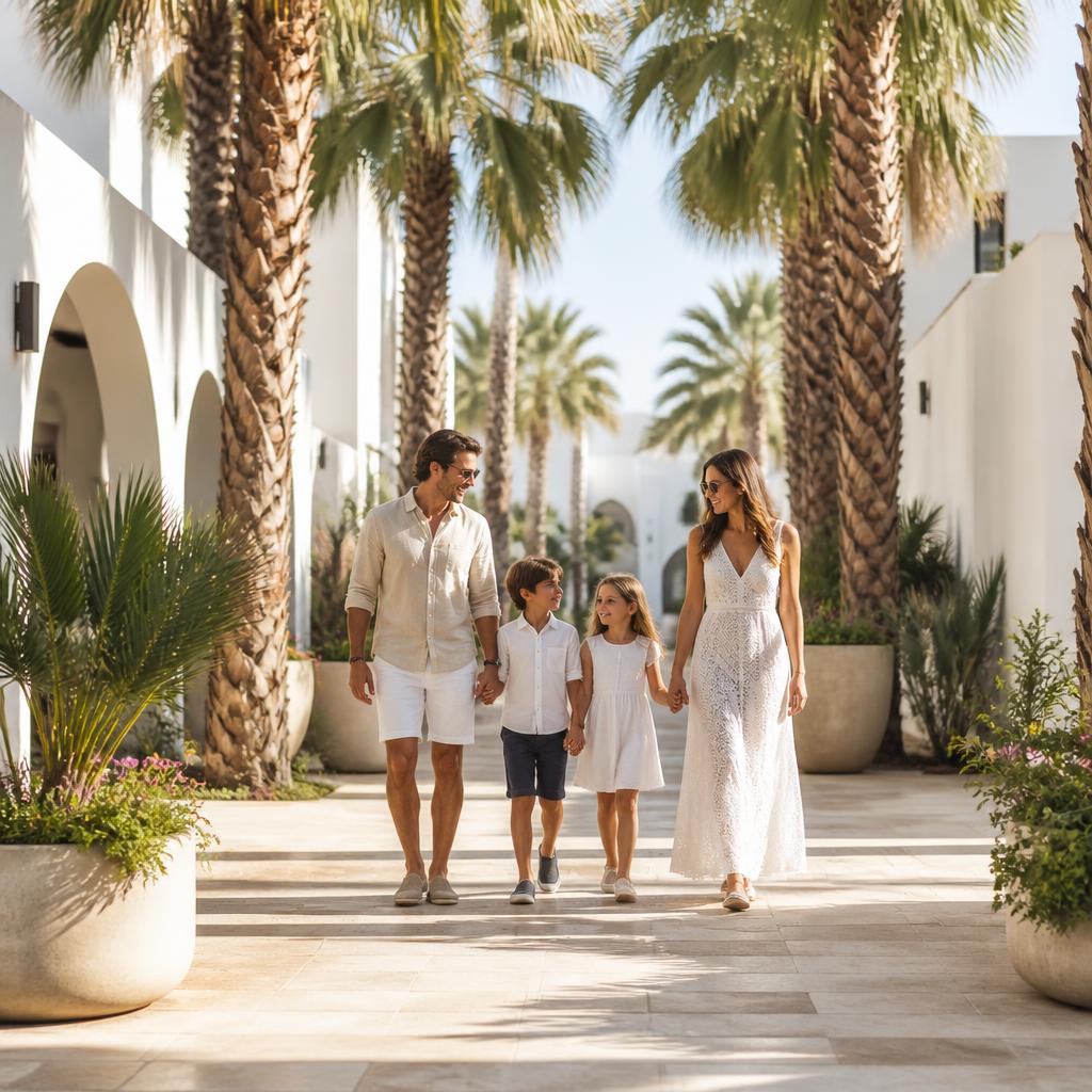 Family walking through the community